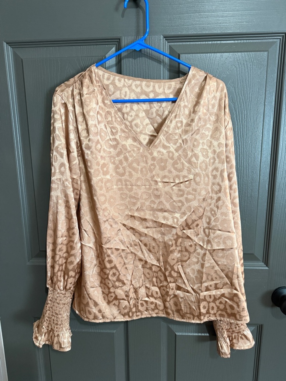 Womens V-Neck Long Sleeve Leopard Print Blouse - Beige